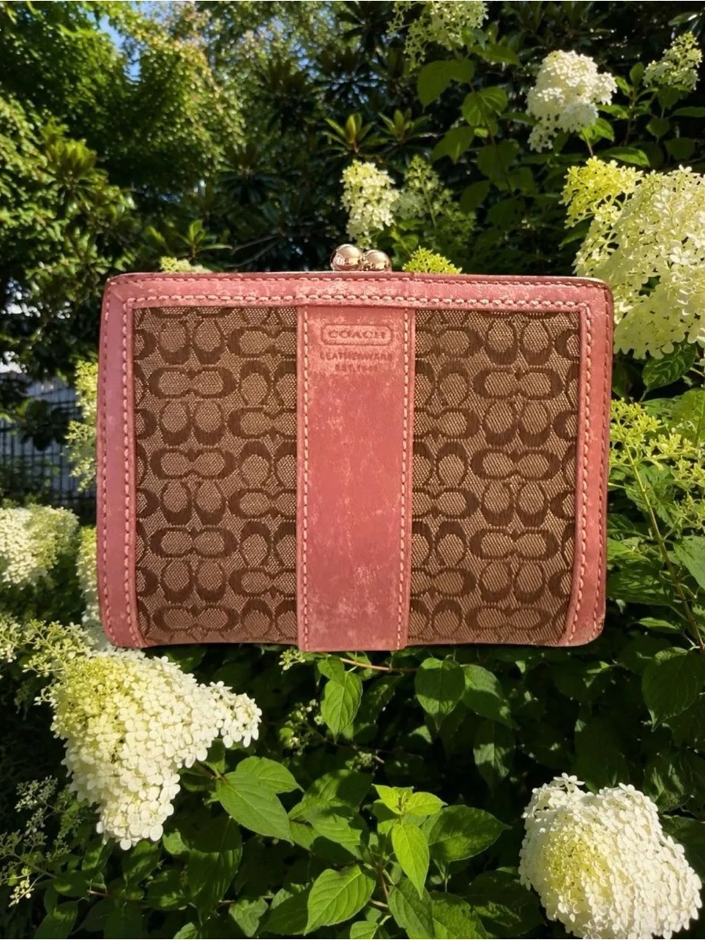 Coach Brown Signature Canvas Wallet with Pink Trim